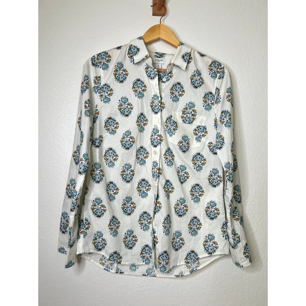 J. Crew White and Blue Floral Blouse